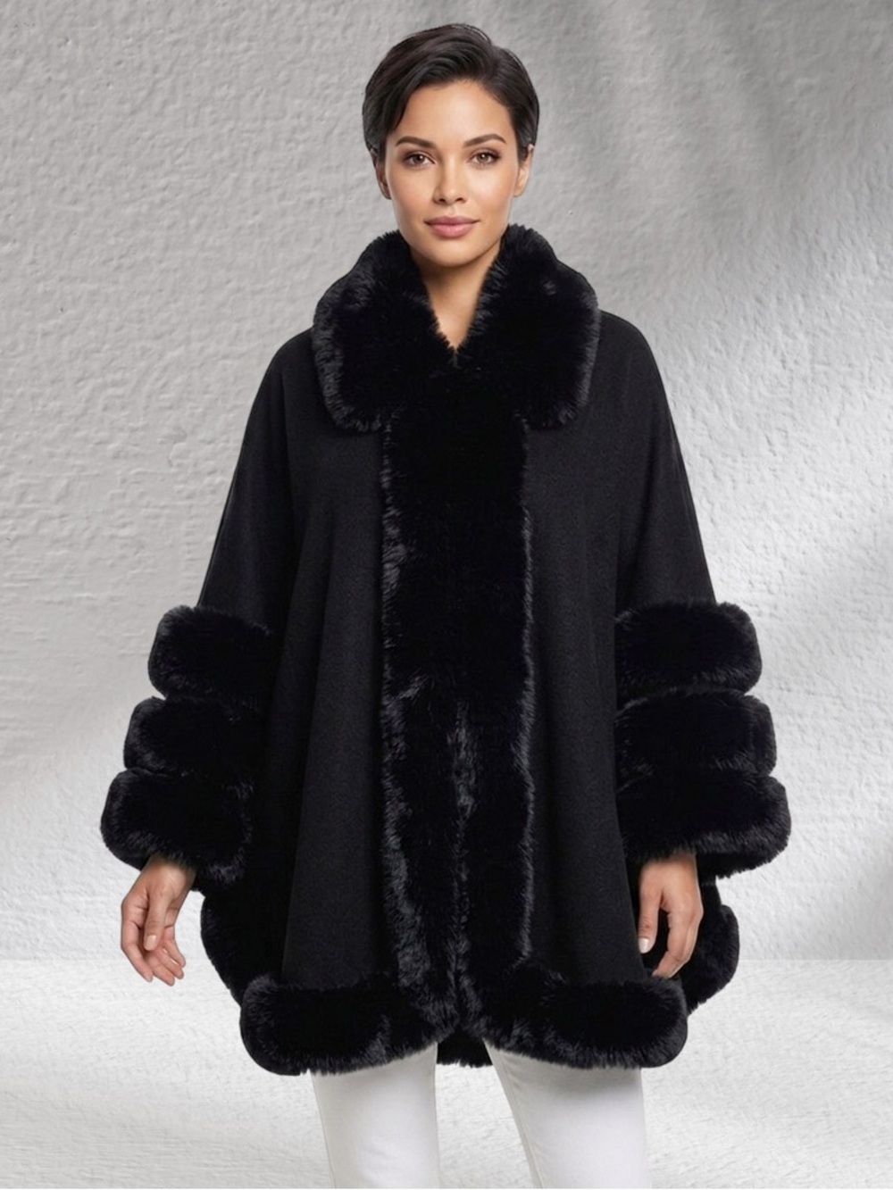 Luxury Black Faux Fur-Trim Cape Sweater